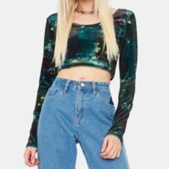 NWT BDG Urban Outfitters Scoop Neck Velvet Crop Top In Green Tie Dye Size M - Picture 2 of 8